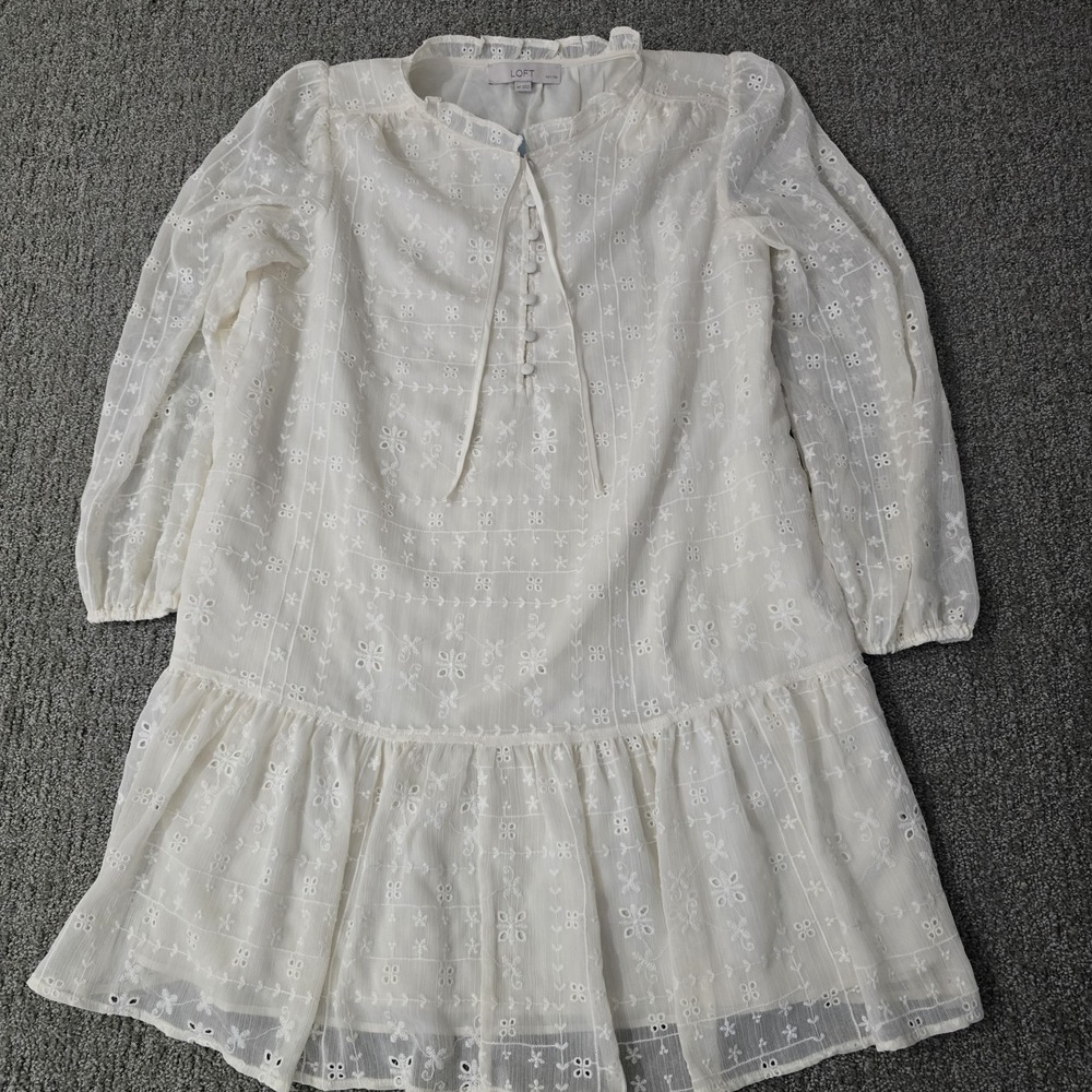 NWT LOFT Petite White Embroidered Eyelet Ruffle Mini Dress‎ MP Cottagecore